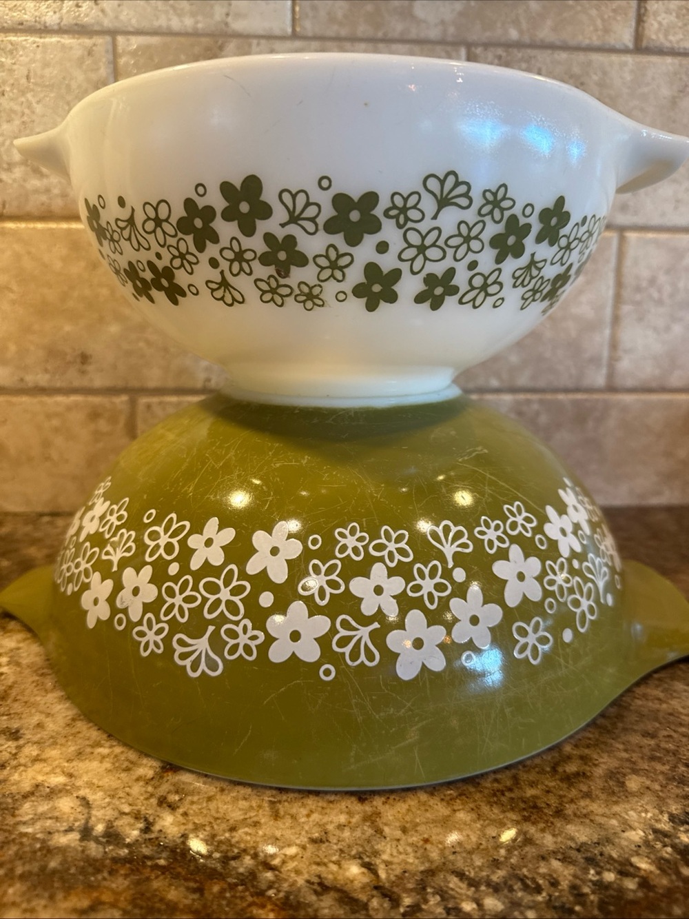 Vintage Pyrex Spring Blossom Cinderella Bowls 443 444 Green White Set of 2